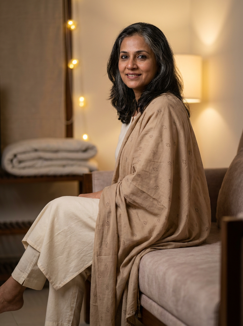 Model in a plain cream suit