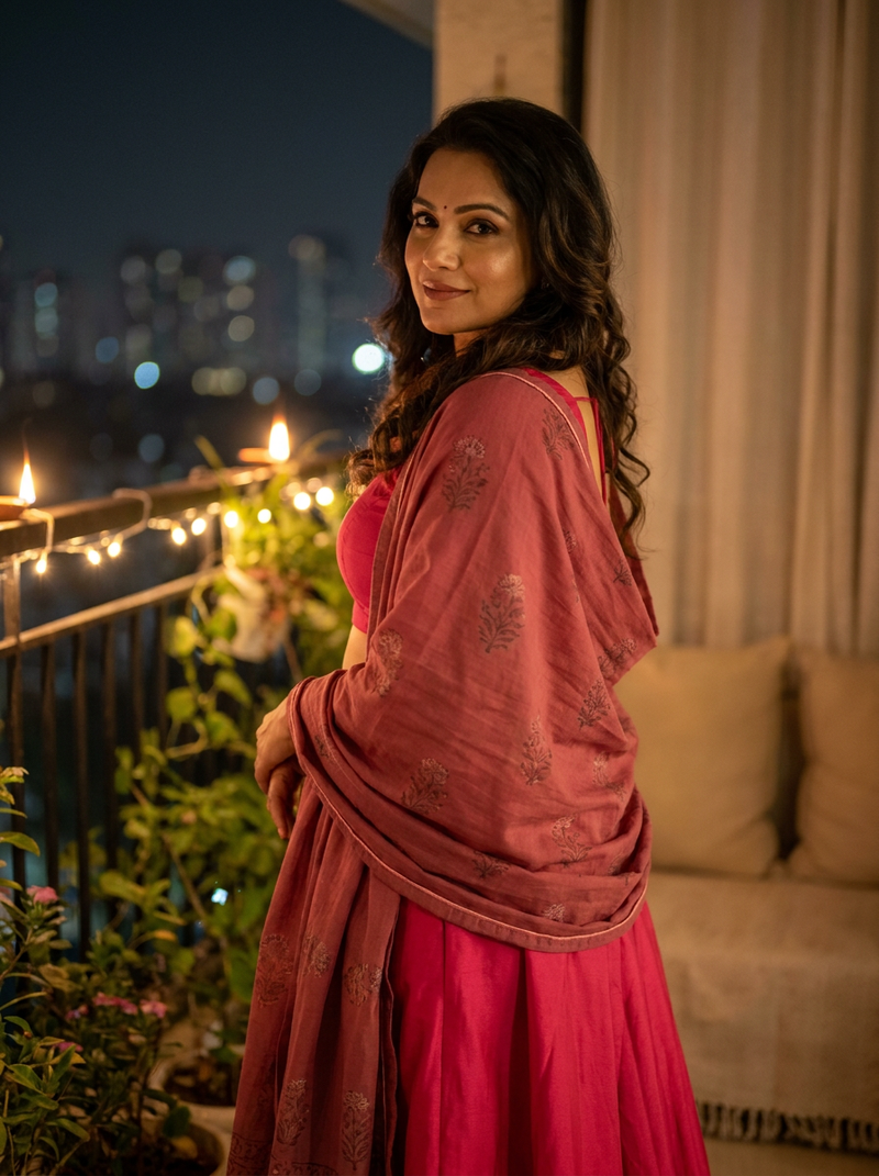 Model in a plain rani pink suit