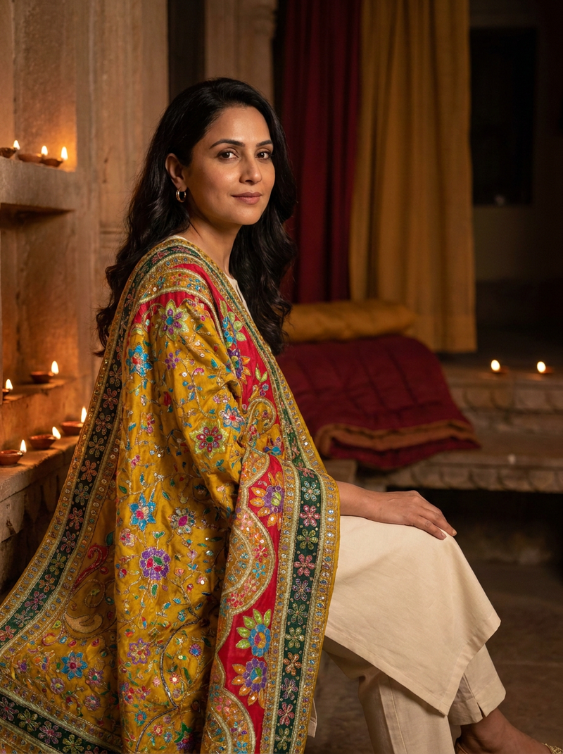 Same model wearing the Gulbahar Cutwork Dupatta