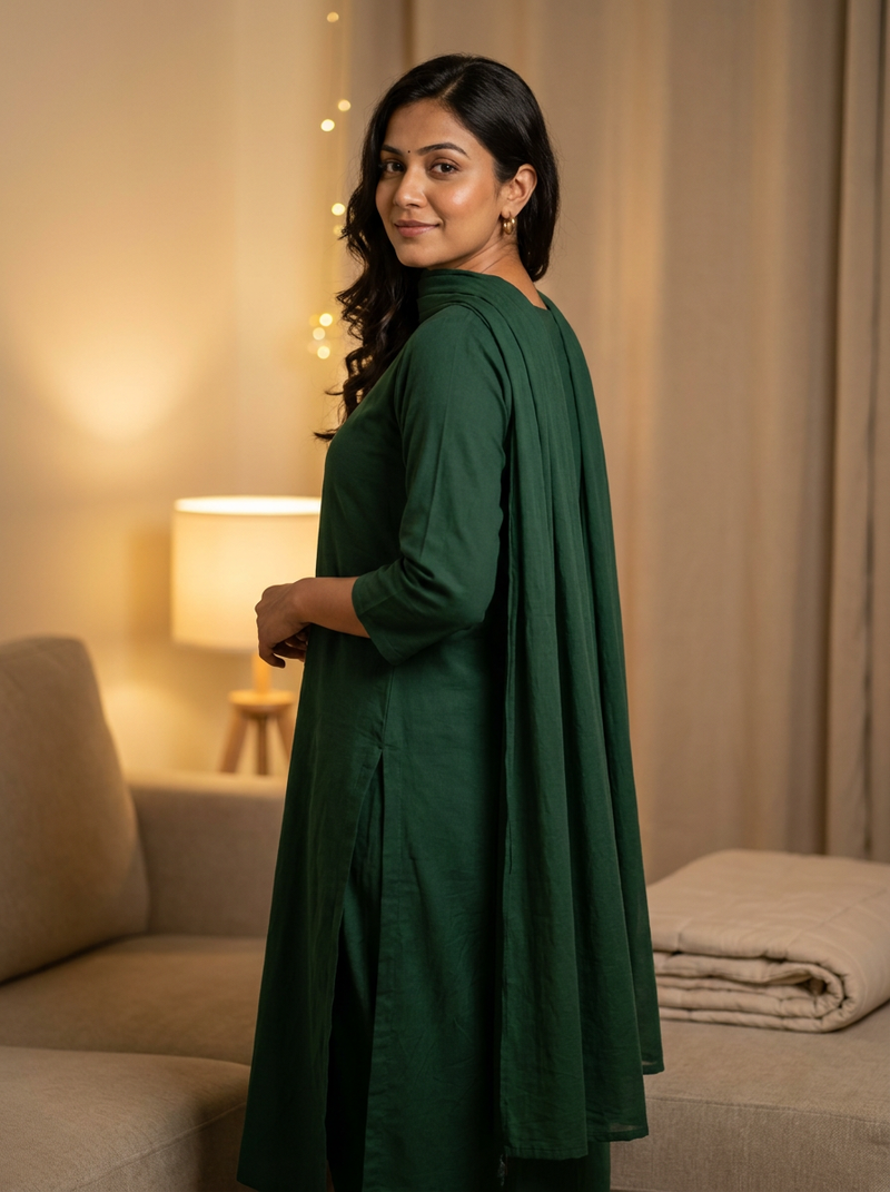 Model in a plain bottle green suit