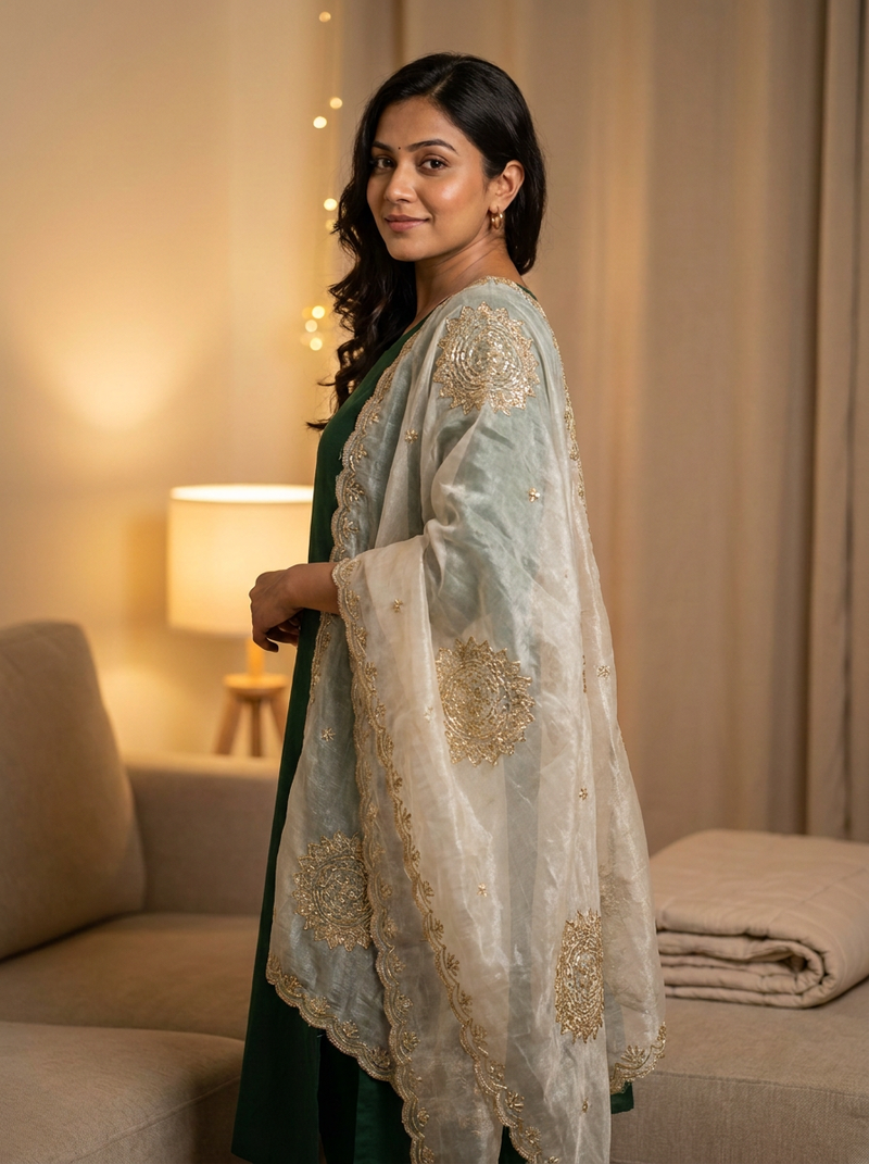 Same model wearing the Aabha Zardozi Dupatta