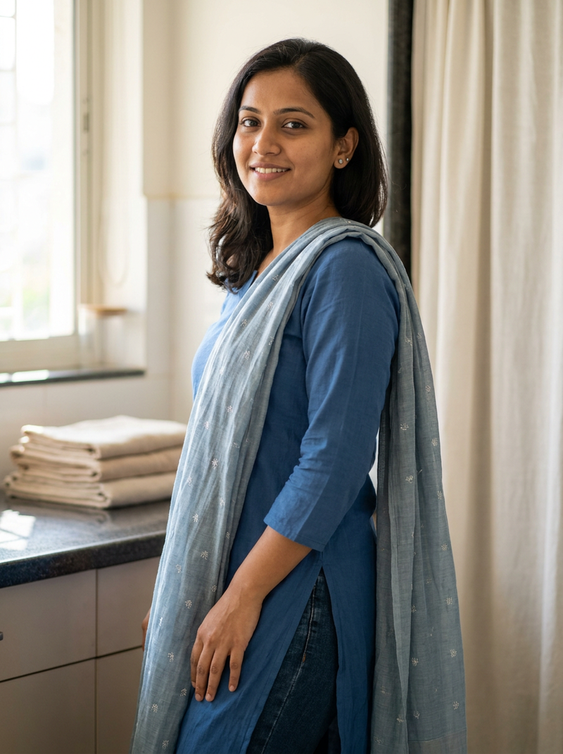 Model in a plain blue suit