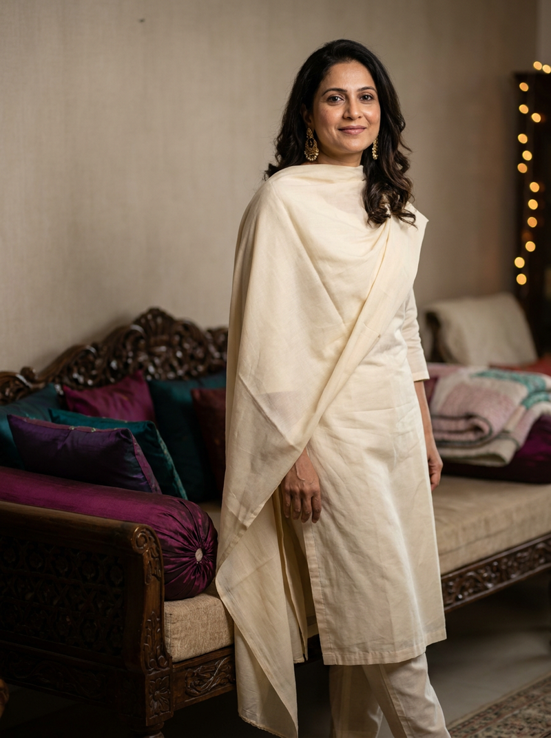 Model in a plain cream suit