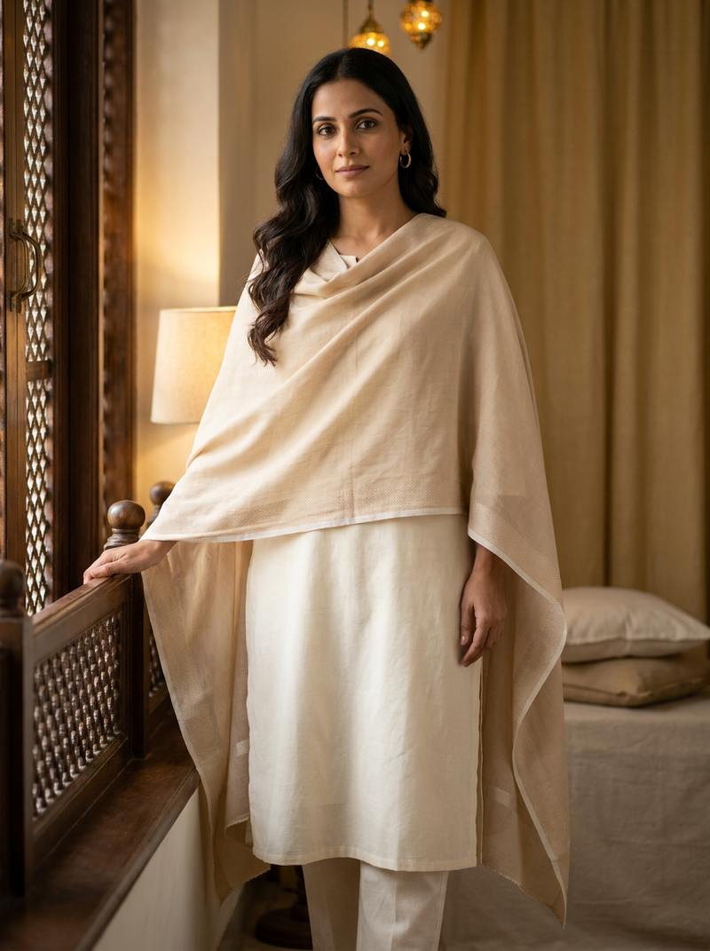 Model in a plain cream suit
