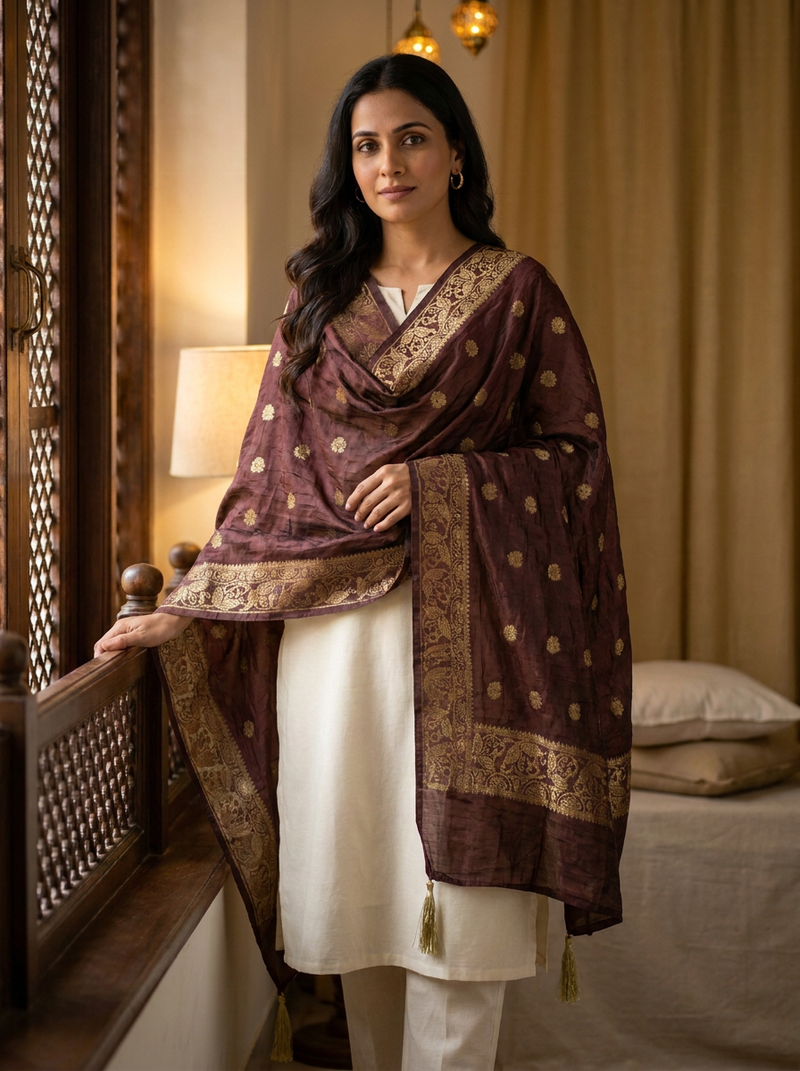 Same model wearing the Bel Banarasi Dupatta