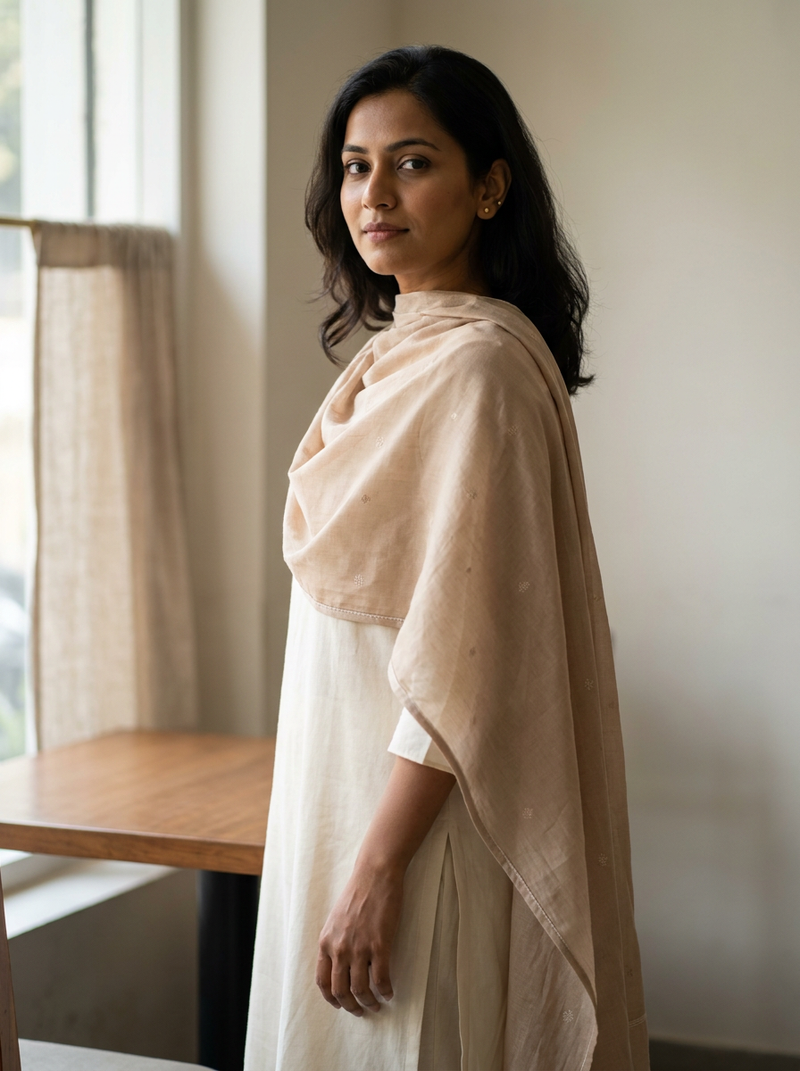 Model in a plain cream suit