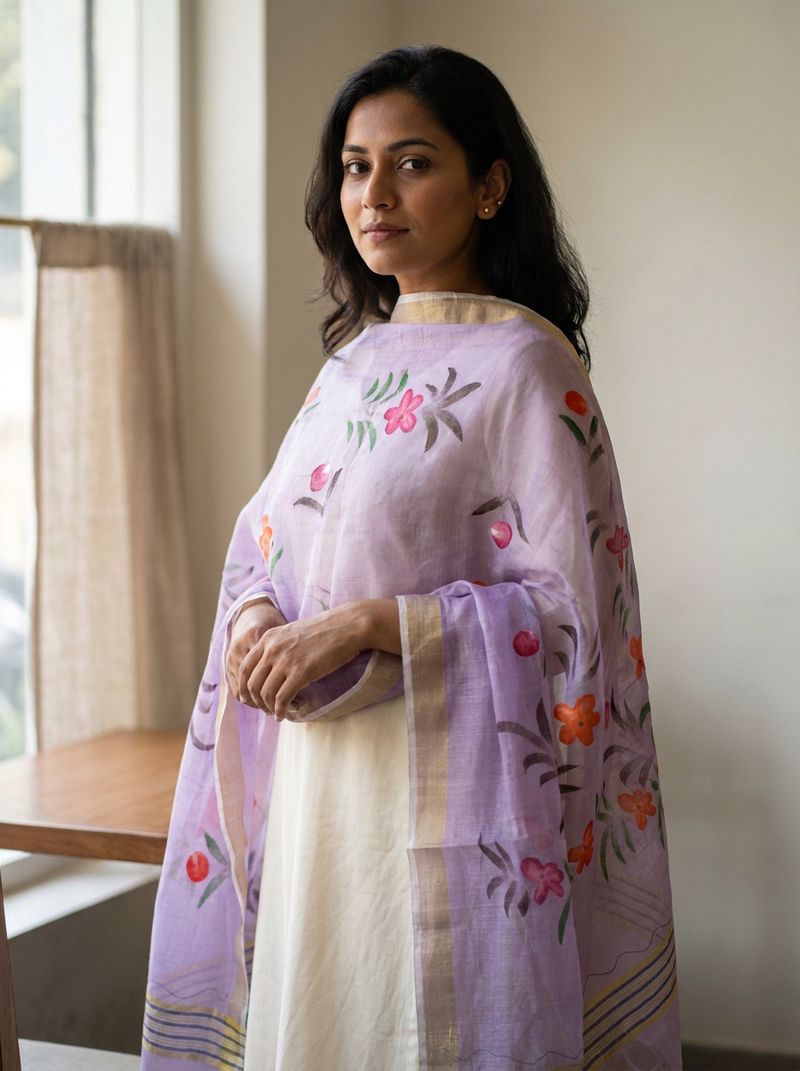 Same model wearing the Khili Hand-painted Dupatta
