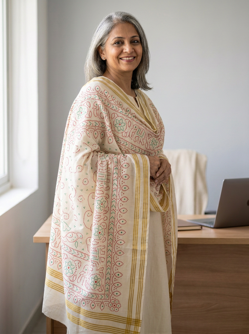 Same model wearing the Chakra Bandhani Dupatta