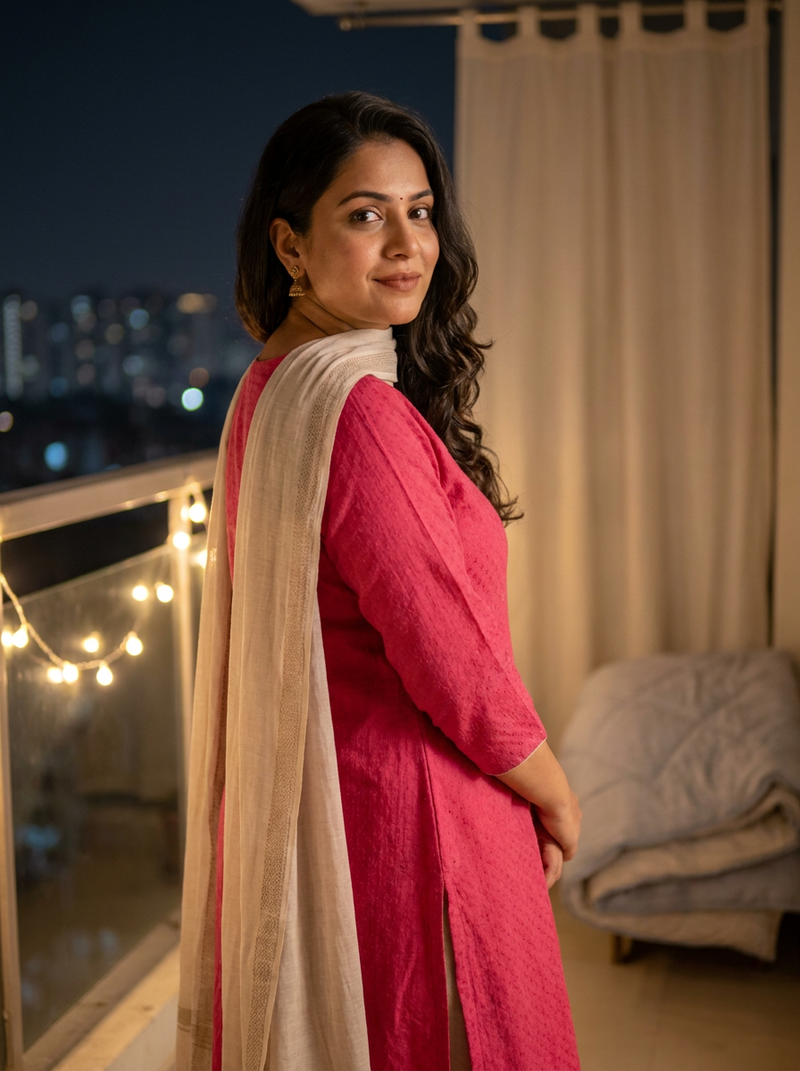Model in a plain rani pink suit