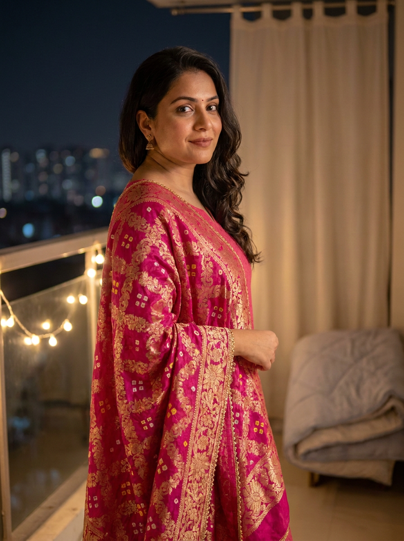 Same model wearing the Mohar Bandhani Dupatta