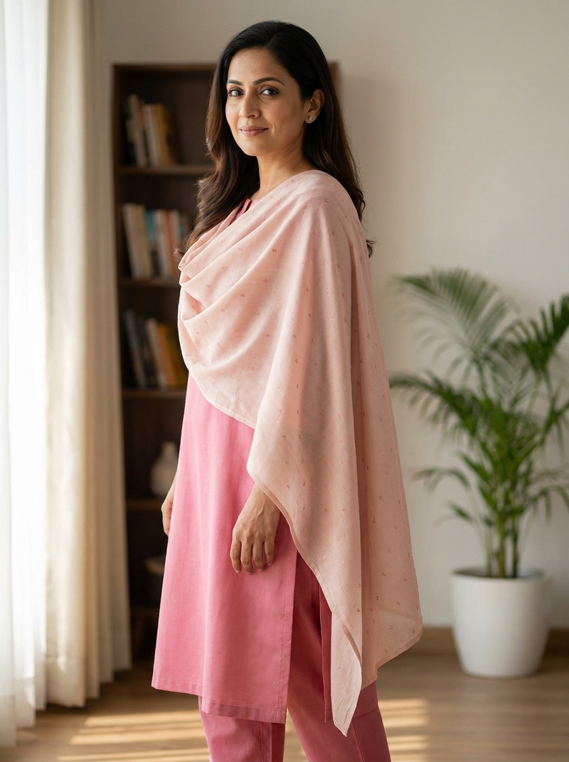 Model in a plain pink suit