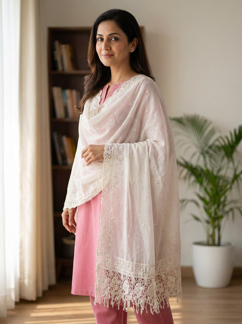 Same model wearing the Jhaalar Cream Cutwork Dupatta