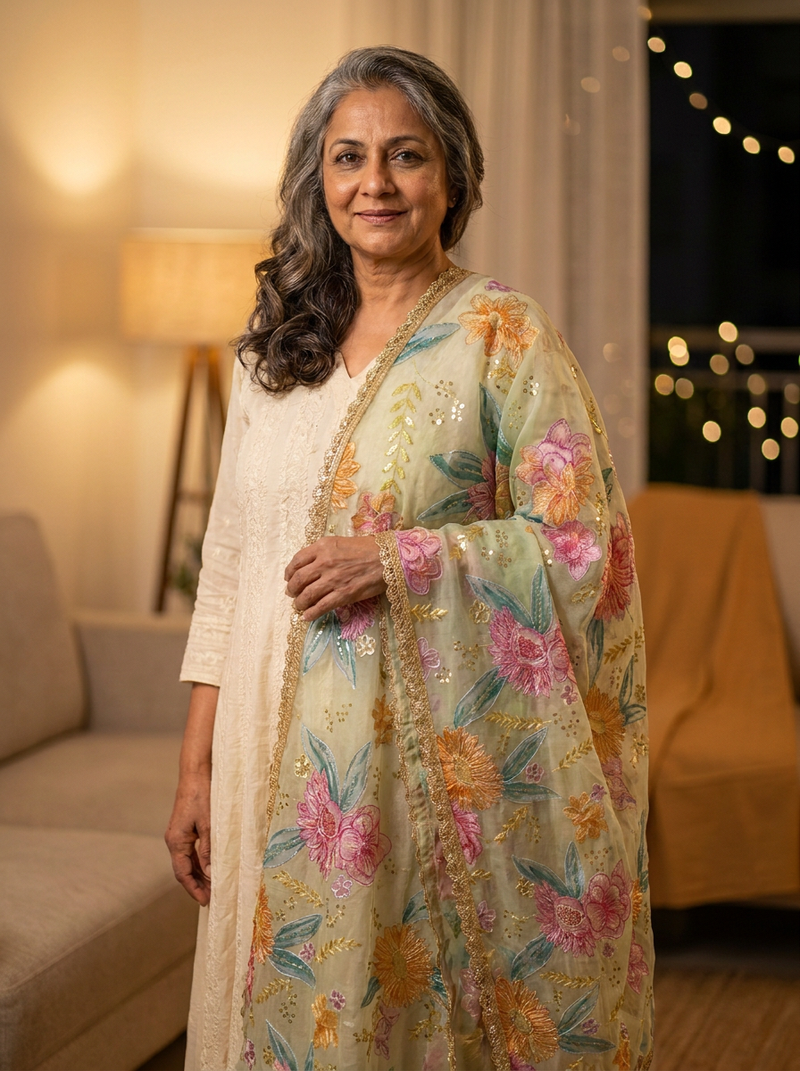 Same model wearing the Vasant Hand-painted Dupatta