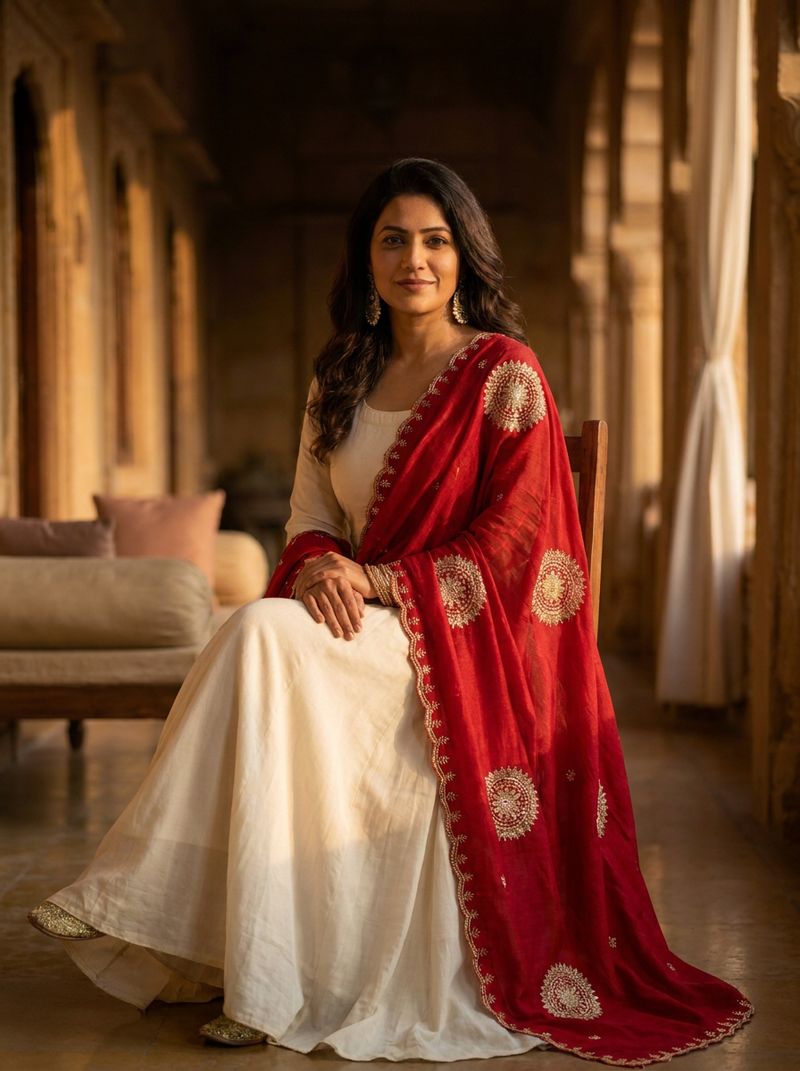 Same model wearing the Kanak Cutwork Dupatta