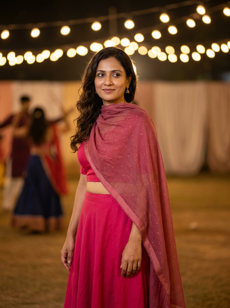Model in a plain rani pink suit