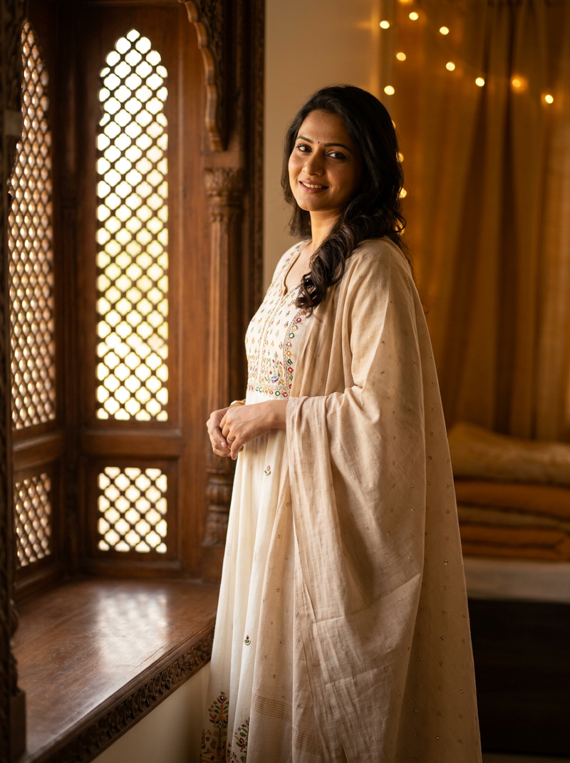 Model in a plain ivory suit