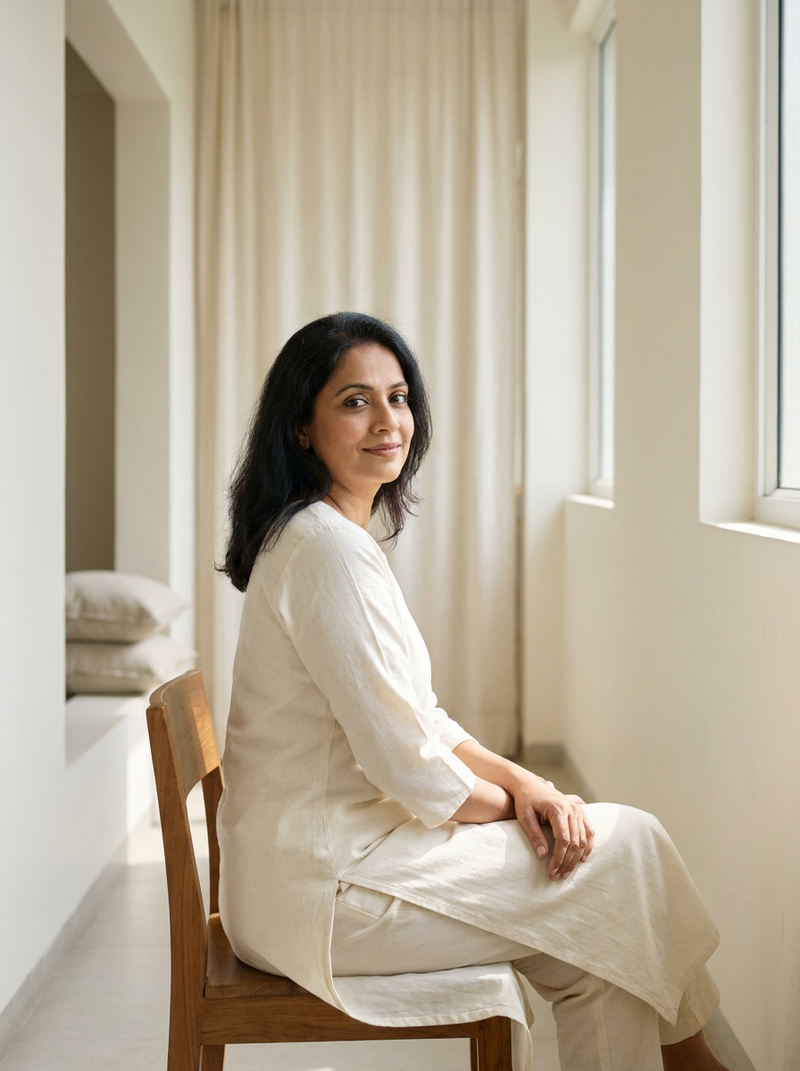 Model in a plain ivory suit
