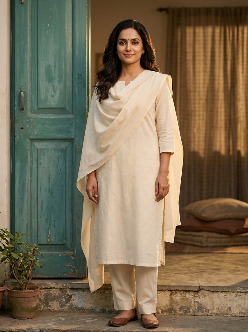 Model in a plain cream suit